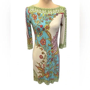 Donna Morgan Dress Abstract Floral Print Pastel Colors Boat Neck Stretch Size 4